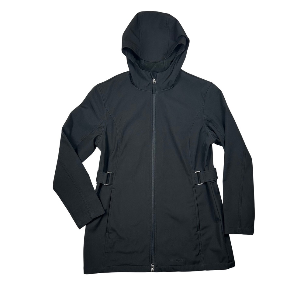 FREE TECH Womens Black Hooded Softshell Jacket Size L G‎ 12 14 Zip Up Outdoor